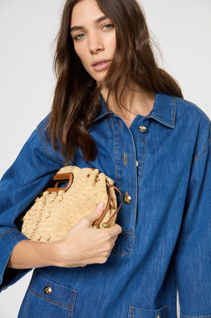 STRAIGHT CUT DENIM DRESS WITH GOLD-TONE BUTTONS - PENELOPE