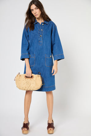 STRAIGHT CUT DENIM DRESS WITH GOLD-TONE BUTTONS - PENELOPE