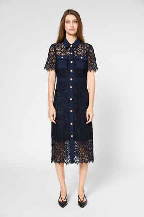 WAISTED MIDI LACE DRESS - PERLE