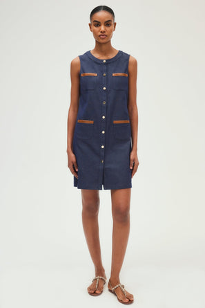 SLEEVELESS DENIM AND LEATHER DRESS - PYRA