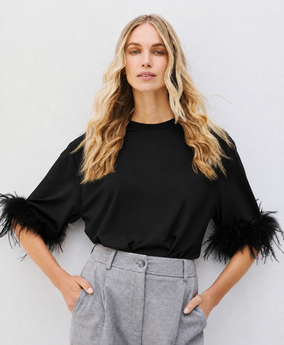 ACCESS FASHION BLOUSE WITH FAUX FEATHER-TRIMMED SLEEVES