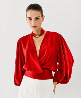 ACCESS FASHION WRAP BLOUSE WITH PUFF SLEEVES