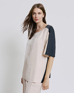 TWO-TONED BLOUSE WITH METALLIC DETAILS