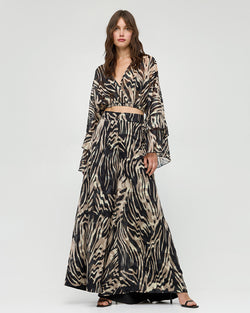 PRINTED WRAP TOP WITH RUFFLES