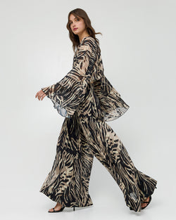 PRINTED WRAP TOP WITH RUFFLES