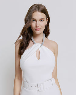 JUMPSUIT WITH RHINESTONE-ADORNED NECKLINE