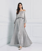 OFF-THE-SHOULDERS PLEATED DRESS