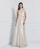 ONE-SHOULDER LONG DRESS WITH FEATHERS