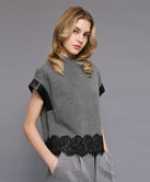 BLOUSE WITH FAUX LEATHER EFFECT DETAILS AND LACE