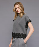 BLOUSE WITH FAUX LEATHER EFFECT DETAILS AND LACE