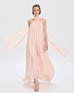 ACCESS FASHION LONG ASYMMETRIC DRESS WITH A FLOWER DETAIL