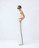 ACCESS FASHION STRIPED WIDE-LEG PANTS WITH ASYMMETRIC BUTTON CLOSURE