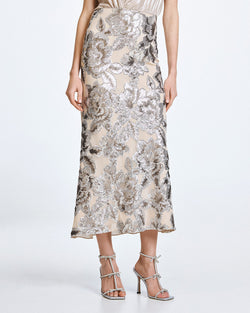 ACCESS FASHION MIDI SKIRT WITH FLORAL SEQUIN EMBROIDERY