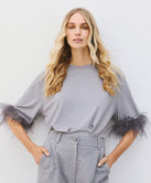 ACCESS FASHION BLOUSE WITH FAUX FEATHER-TRIMMED SLEEVES