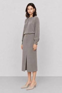 KOCCA HIGH-WAISTED MIDI SKIRT WITH A FRONT SLIT AND BUTTON - MILVIA SKIRT