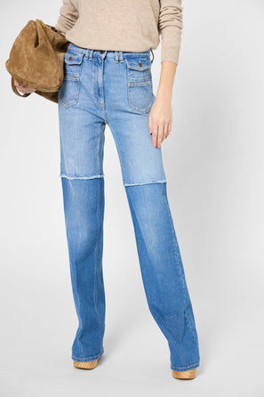 FRINGED TWO-TONE FLARED JEANS - ANNA