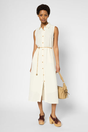 SLEEVELESS MAXI DRESS WITH SHIRT COLLAR - PERLA