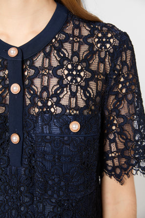 WAISTED MIDI LACE DRESS - PERLE