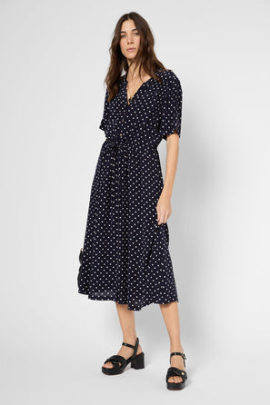 WAISTED POLKA DOTS MAXI DRESS - POPELINE