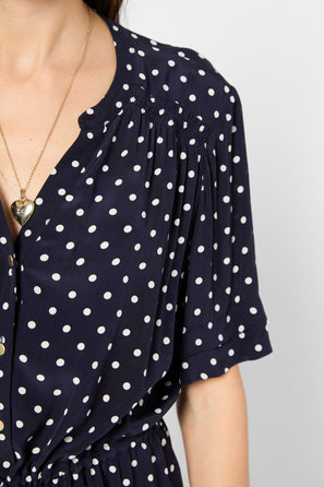 WAISTED POLKA DOTS MAXI DRESS - POPELINE