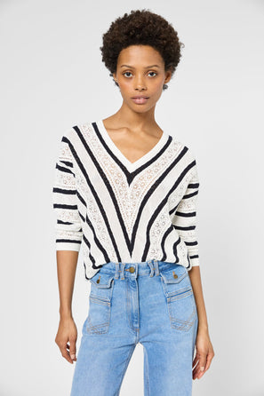 LACE AND STRIPES V-NECK SWEATER - JOELLE