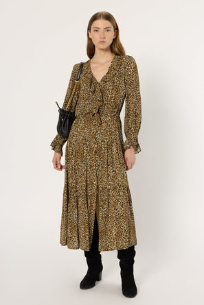 LONG LEOPARD DRESS WITH RUFFLES - LYZA