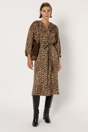 MIDI SATIN DRESS WITH LEOPARD PATTERN - LILOUX