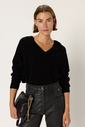 V-NECK WOOL SWEATER WITH RHINESTONES - EDWIGE
