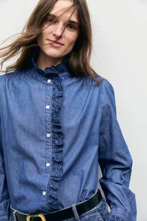 GERARD DAREL EMBROIDERED RUFFLED DENIM SHIRT - LOUPY