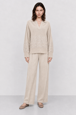 KOCCA LONG-SLEEVED V-NECK JUMPER WITH HORIZONTAL SEQUIN STRIPES - LYA SWEATER