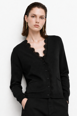KOCCA V-NECK CARDIGAN WITH LACE TRIM AND BUTTON FASTENING - PAPIO JERSEY