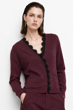 KOCCA V-NECK CARDIGAN WITH LACE TRIM AND BUTTON FASTENING - PAPIO JERSEY
