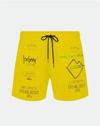 OPTICAL ICEBERG SWIM TRUNKS WITH CONTRASTING PRINTS, WRITING AND DRAWSTRING