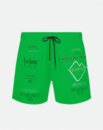 OPTICAL ICEBERG SWIM TRUNKS WITH CONTRASTING PRINTS, WRITING AND DRAWSTRING