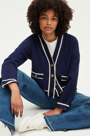 TWO-TONE BUTTON-UP V-NECK CARDIGAN - JODIE
