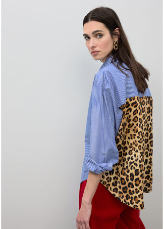 LOLA CASADEMUNT STRIPED AND ANIMAL PRINT POPLIN SHIRT