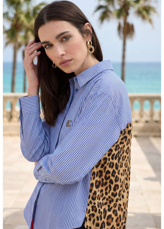 LOLA CASADEMUNT STRIPED AND ANIMAL PRINT POPLIN SHIRT
