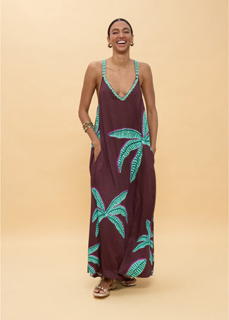 LOLA CASADEMUNT LONG PALM PRINT DRESS