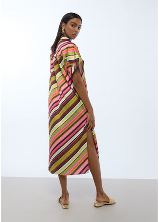 LOLA CASADEMUNT SATIN SHIRT DRESS WITH MULTI-STRIPES