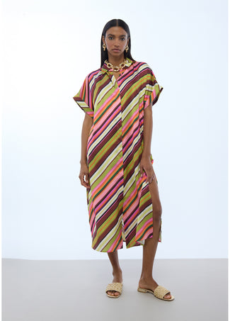 LOLA CASADEMUNT SATIN SHIRT DRESS WITH MULTI-STRIPES