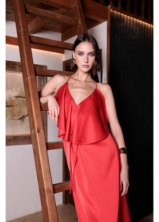LOLA CASADEMUNT RUFFLED V-NECK DRESS