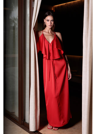 LOLA CASADEMUNT RUFFLED V-NECK DRESS