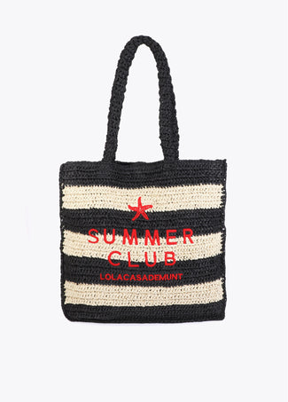 LOLA CASADEMUNT STRIPED RAFFIA EFFECT BAG WITH 3D EMBROIDERY