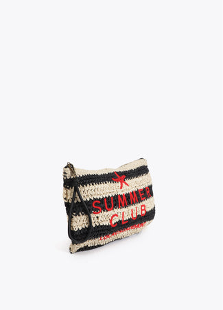 LOLA CASADEMUNT STRIPED RAFFIA EFFECT WALLET WITH 3D EMBROIDERY
