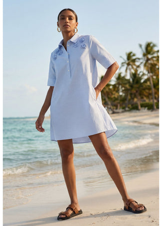 LOLA CASADEMUNT SHORT EMBROIDERED FLORAL STRIPED POPLIN DRESS